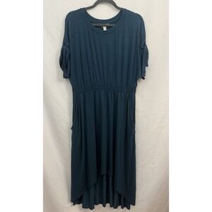 Soma Elastic Waist Knit Dress Teal Dolman Sleeve Asymmetrical Hi-Low Women Large